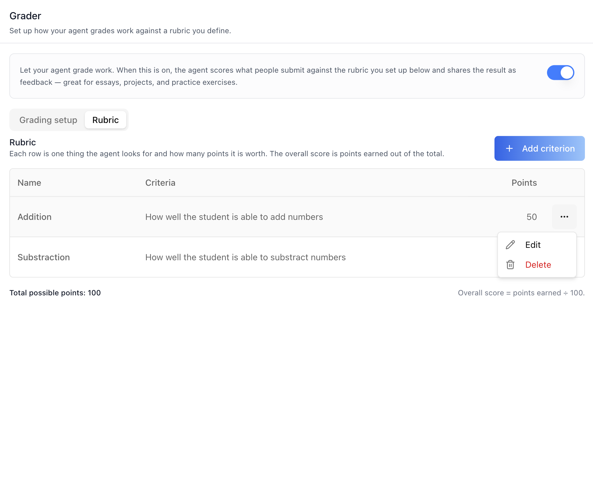 Rubric — Criterion Actions Menu (Edit / Delete)
