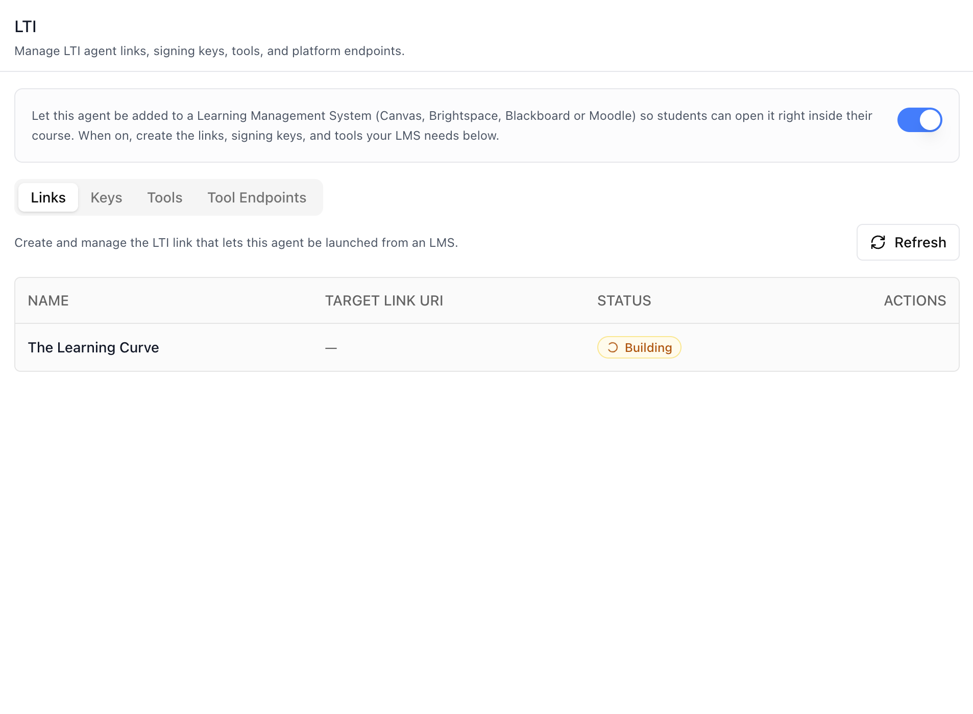 LTI Tab — Links (async build status + Refresh)