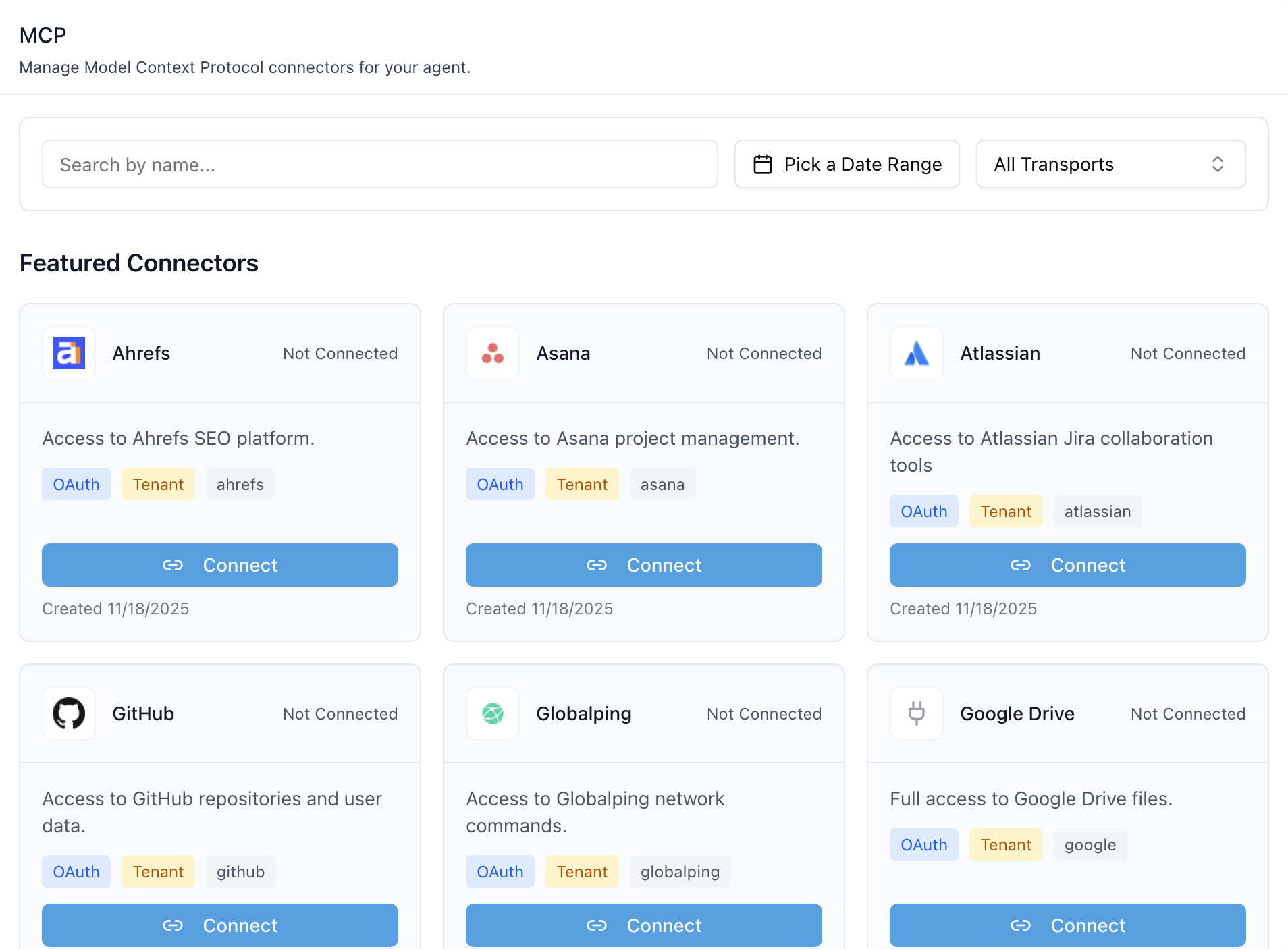 MCP Tab — Featured Connectors
