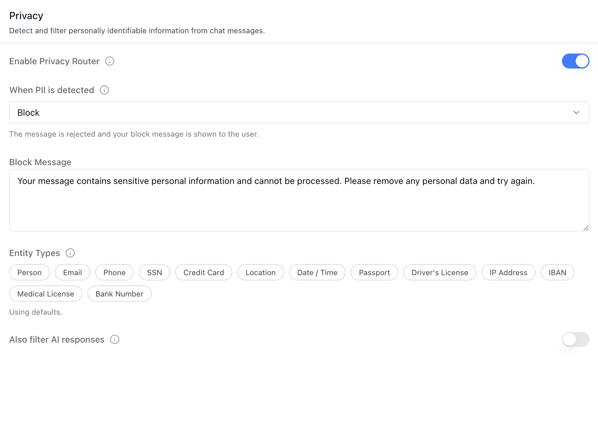 Privacy Tab — Block Action