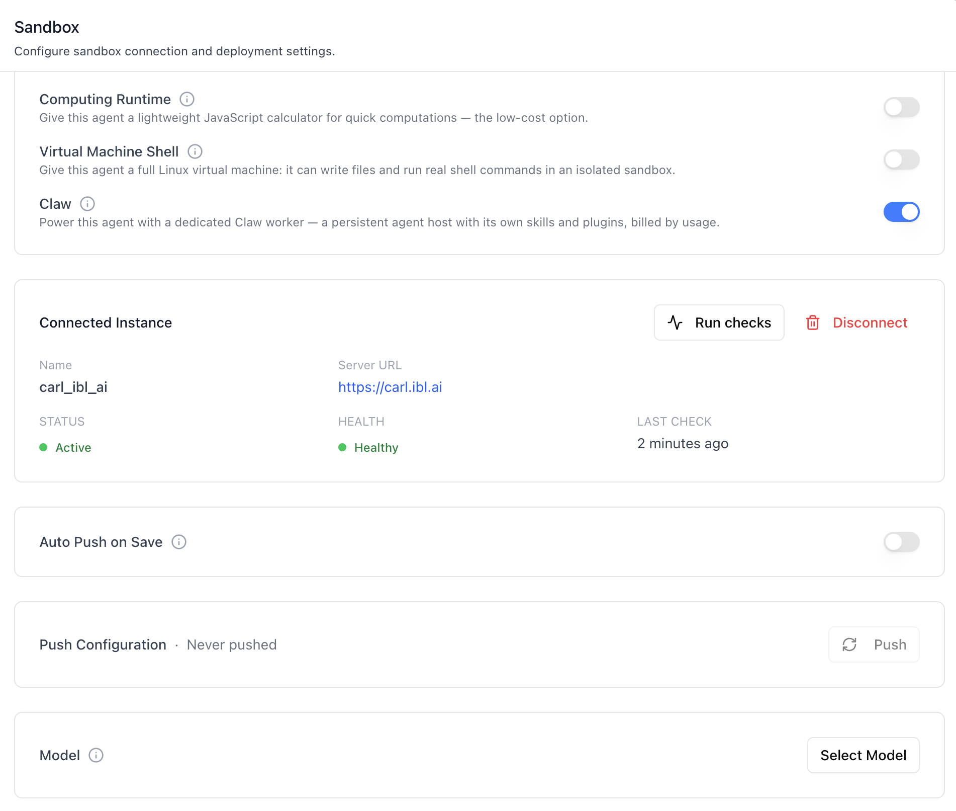 Sandbox — Connected Instance with Push Configuration and Model