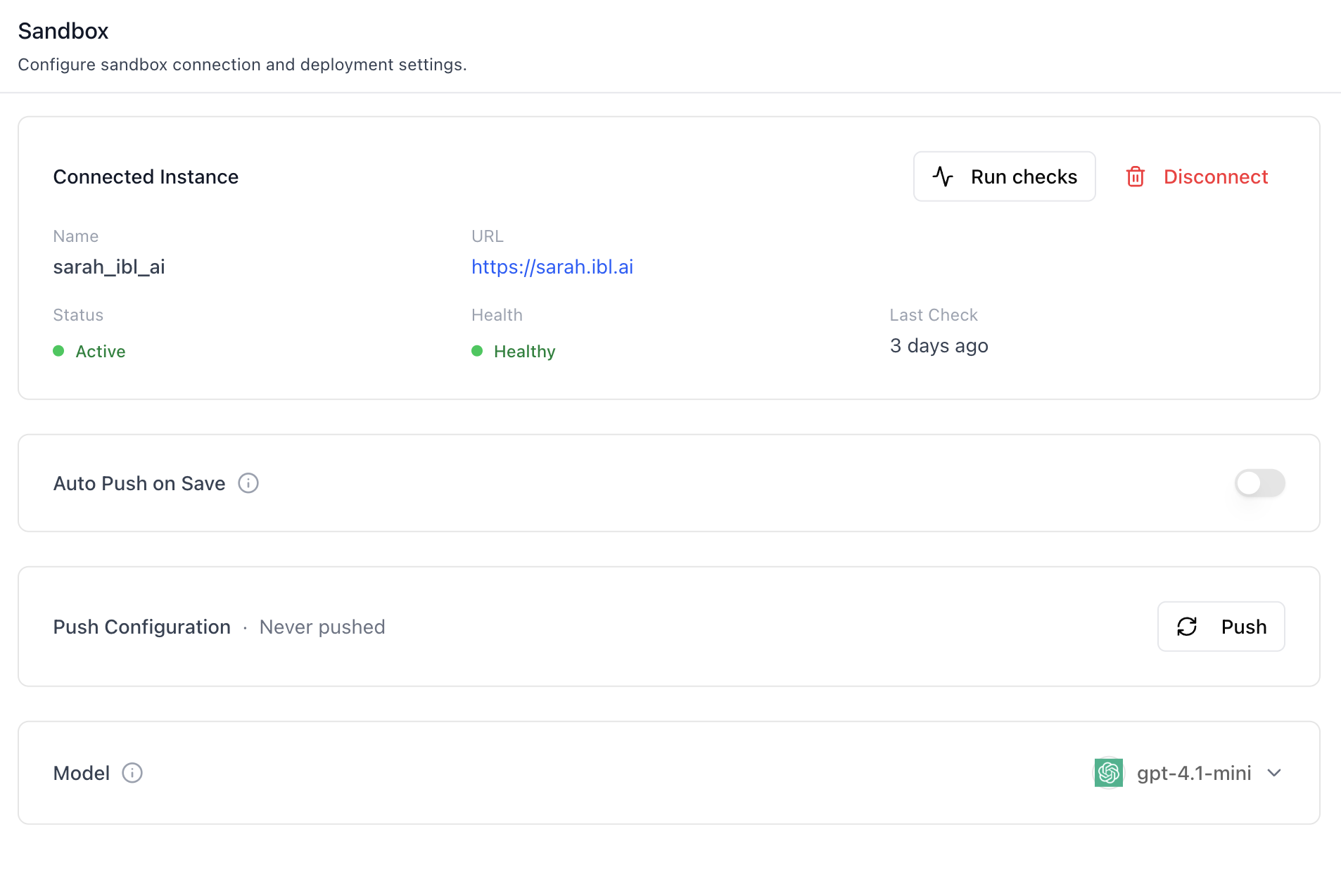 Sandbox — Connected Instance, Auto Push, Push, Model