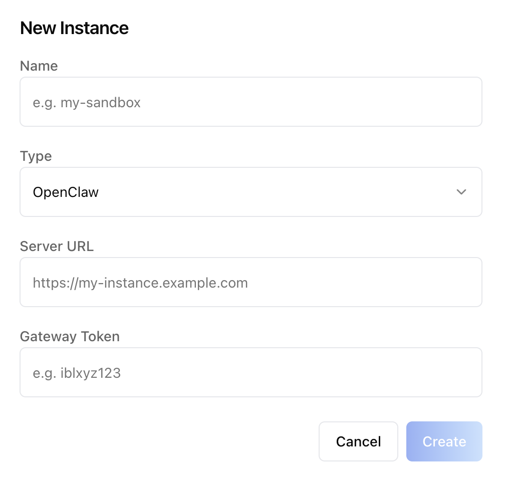 Sandbox — New Instance dialog