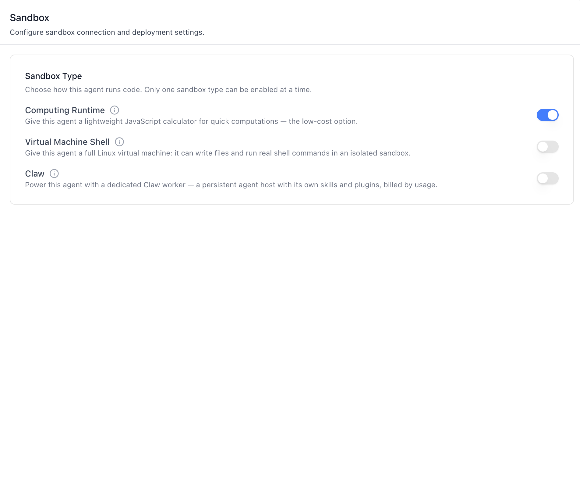 Sandbox Type — Computing Runtime selected