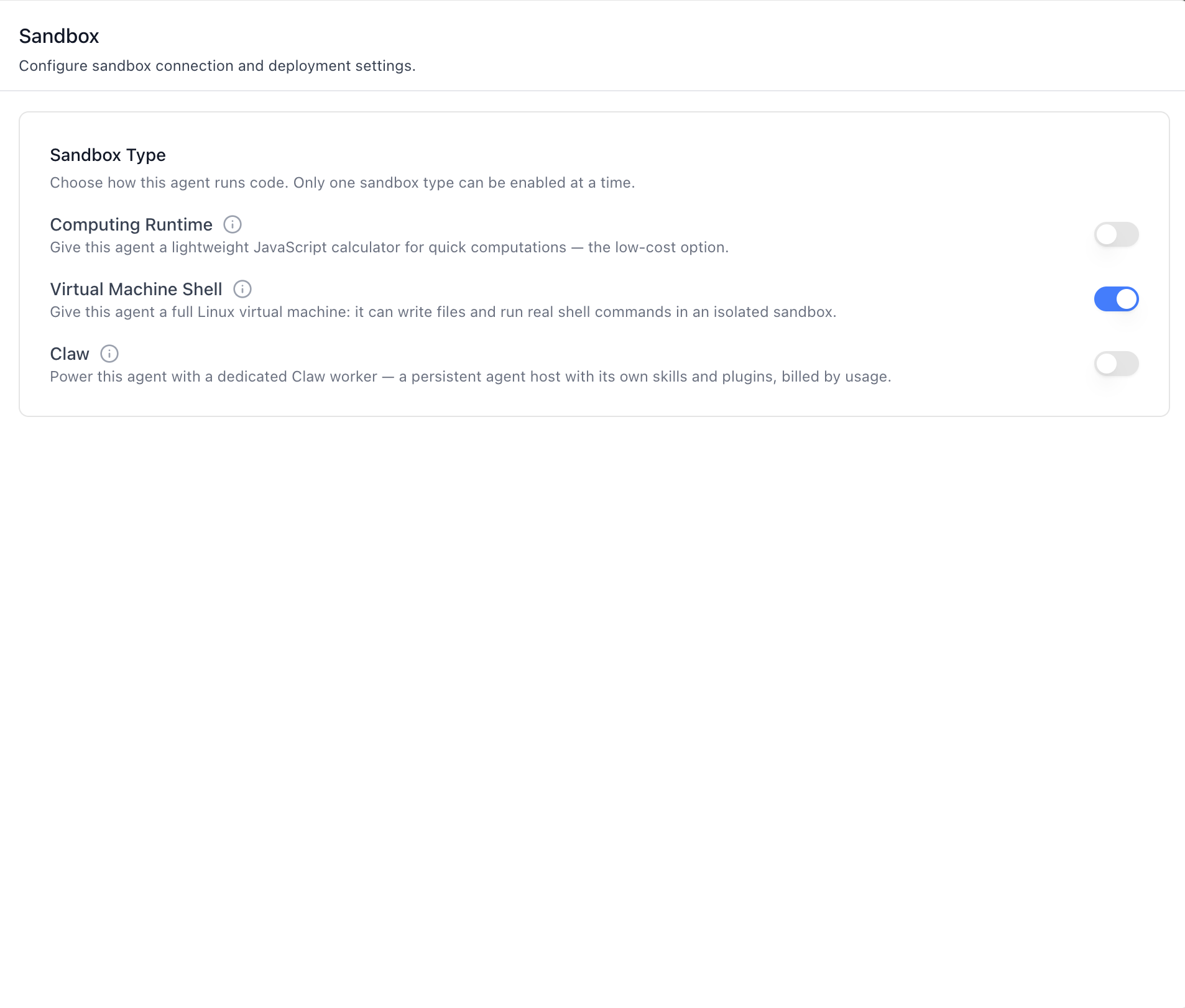 Sandbox Type — Virtual Machine Shell selected