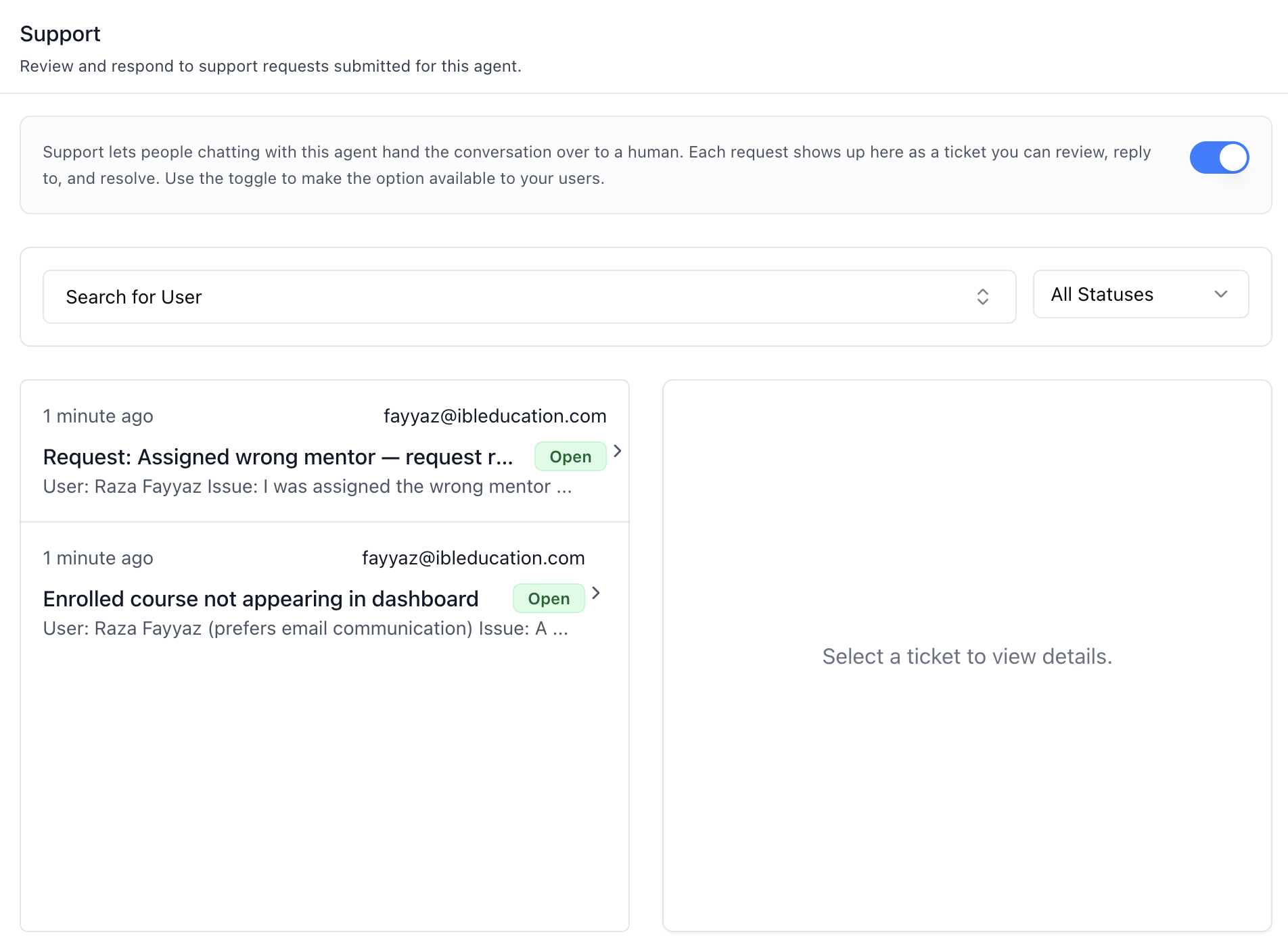 Support Tab — Ticket Inbox