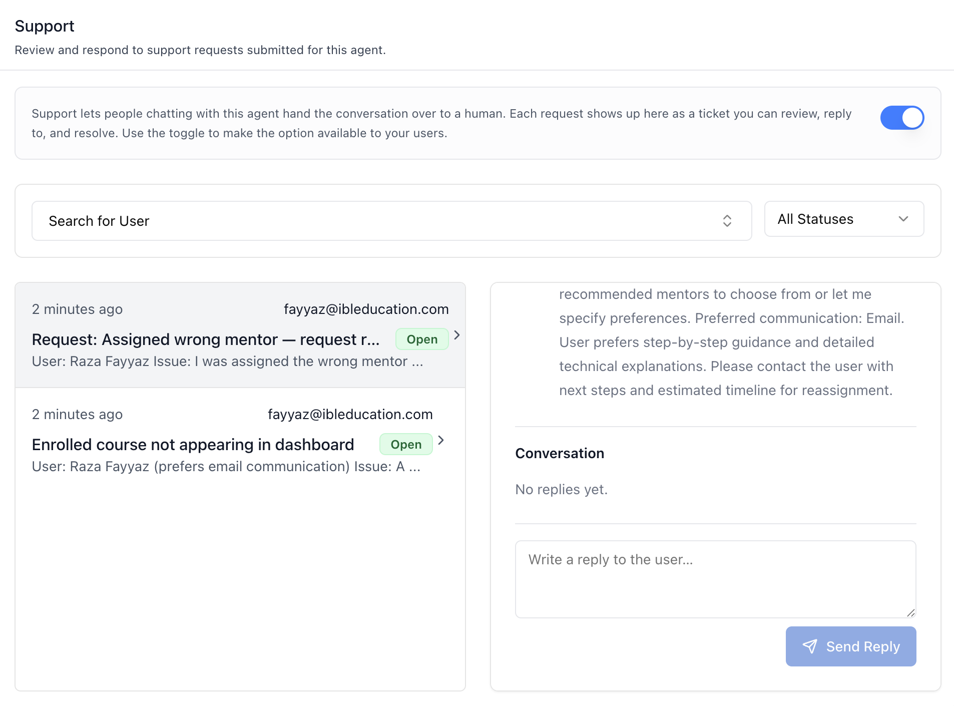 Support Tab — Conversation and Reply