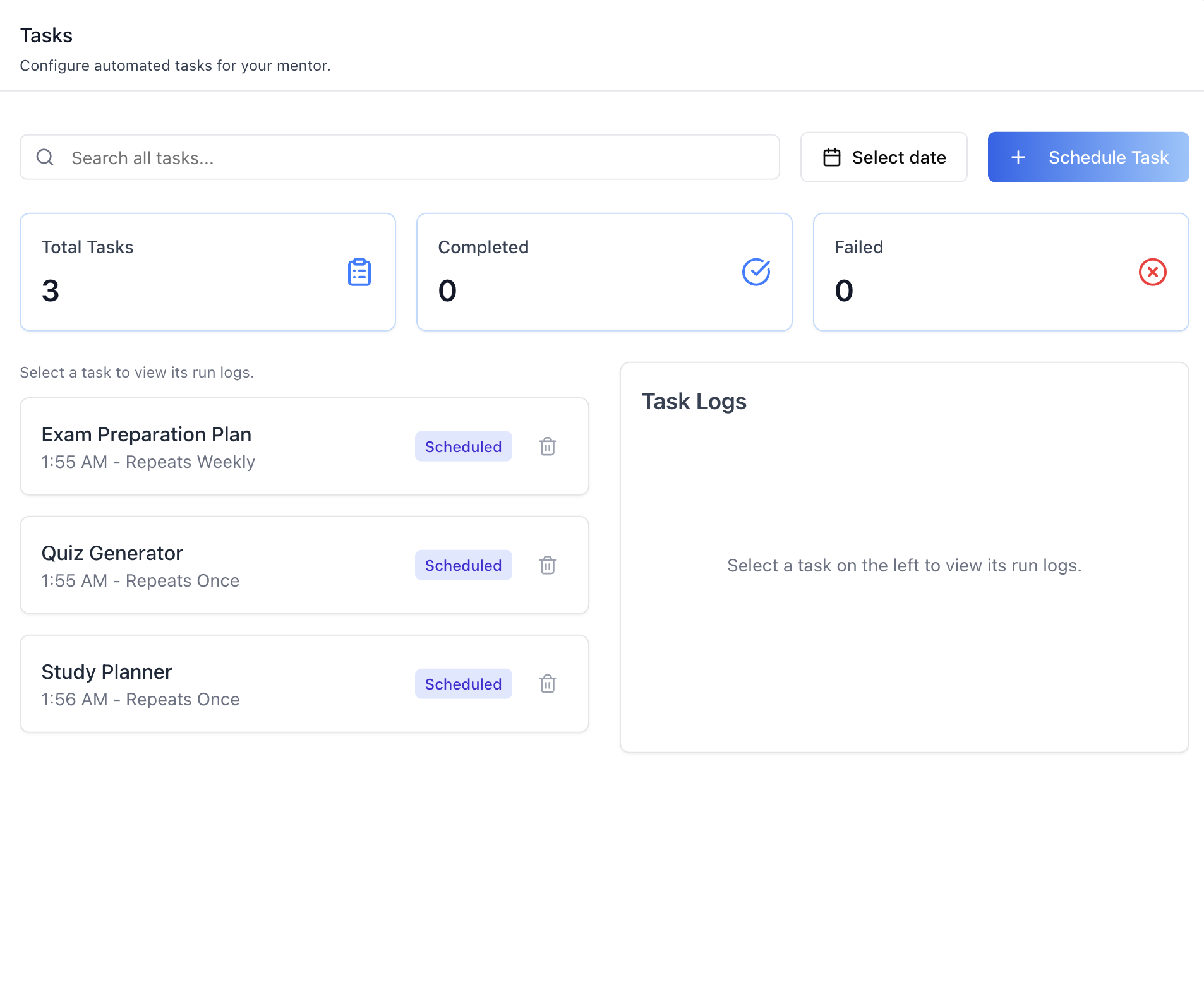 Task list with metric cards and run-logs panel