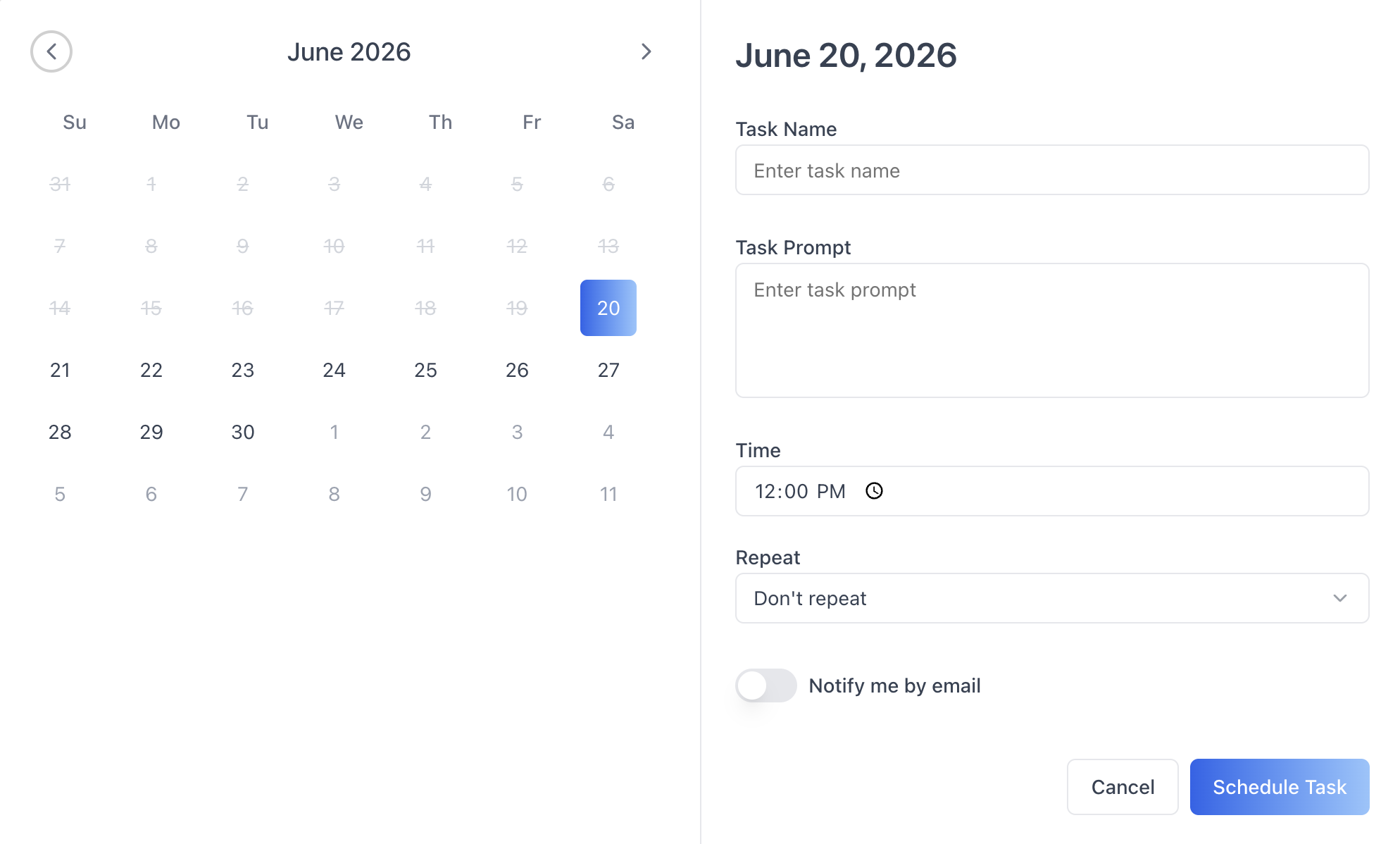 Schedule Task dialog (calendar, name, prompt, time, repeat, email)