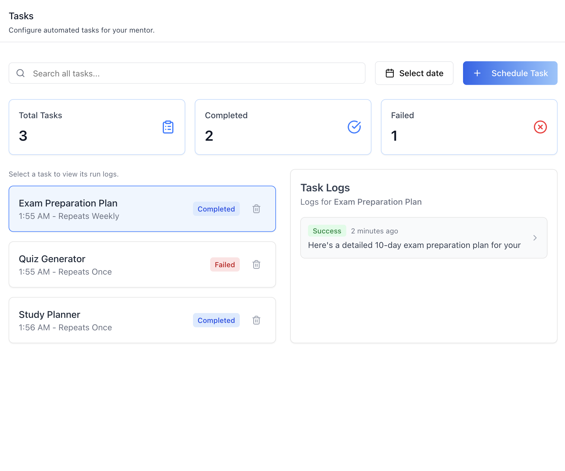 Task list with run statuses and the logs panel