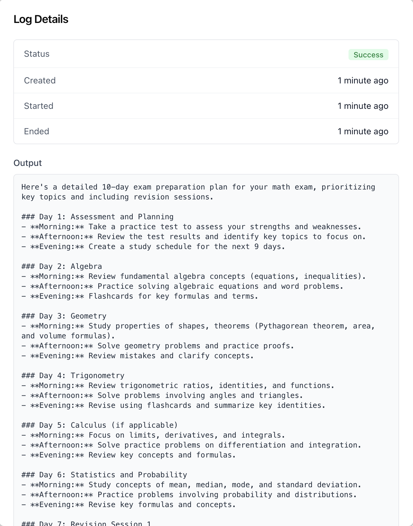 Log Details modal (status, timing, output)