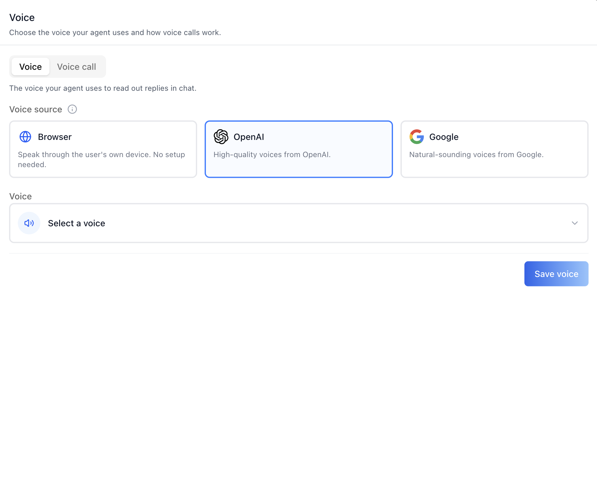 Voice sub-tab: choose a voice source and pick a voice