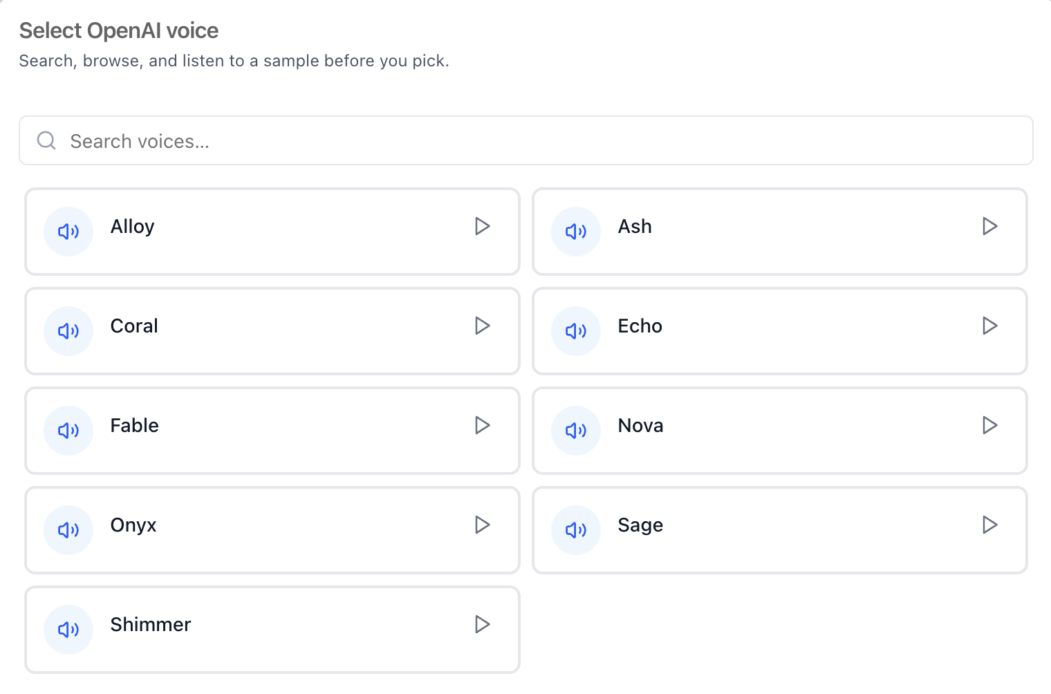 Voice picker: search, browse, and preview a sample