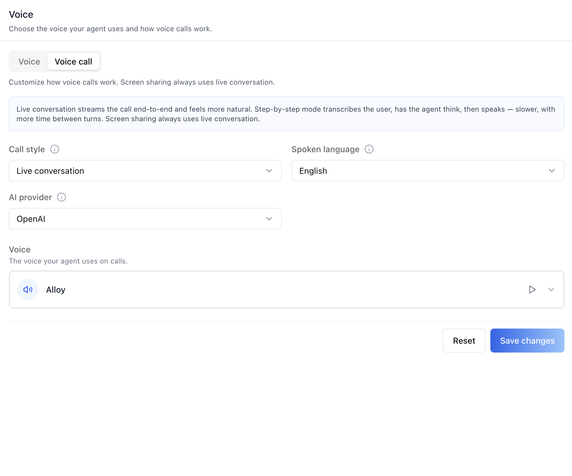 Voice call sub-tab: call style, language, provider, and call voice