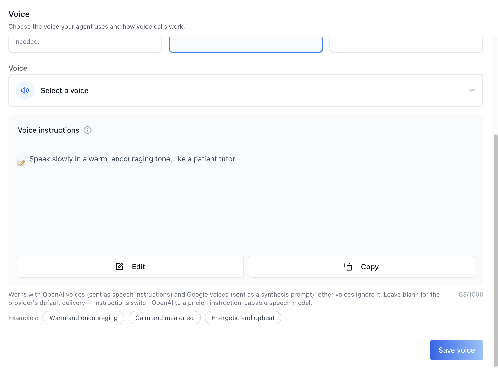 Voice instructions: style prompt card with Edit / Copy, character counter, and example presets