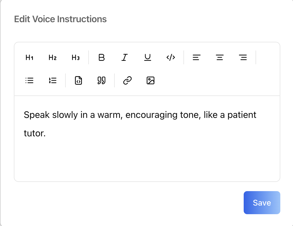 Edit Voice Instructions modal (rich-text editor)