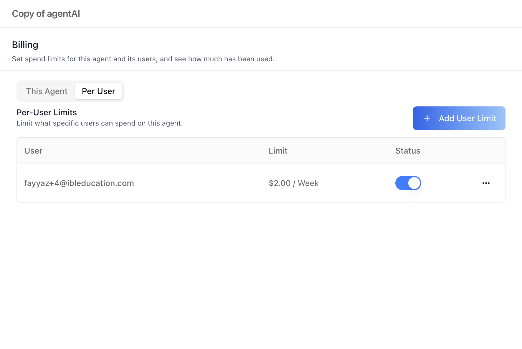Agent Limits — Manage popup (Per User)