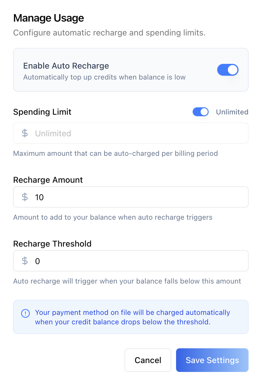 Manage Usage (Auto Recharge) Modal