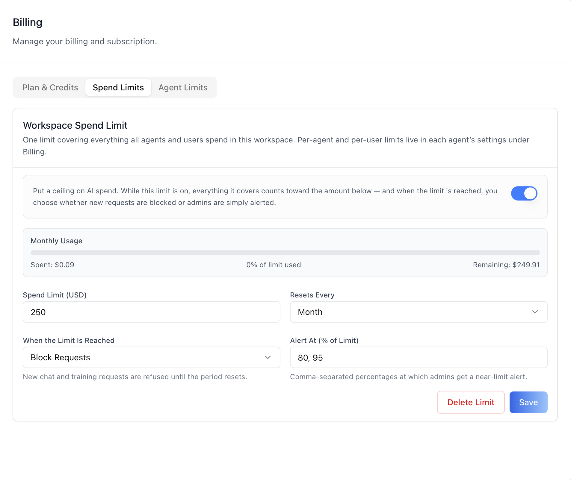 Billing — Spend Limits (workspace-wide)