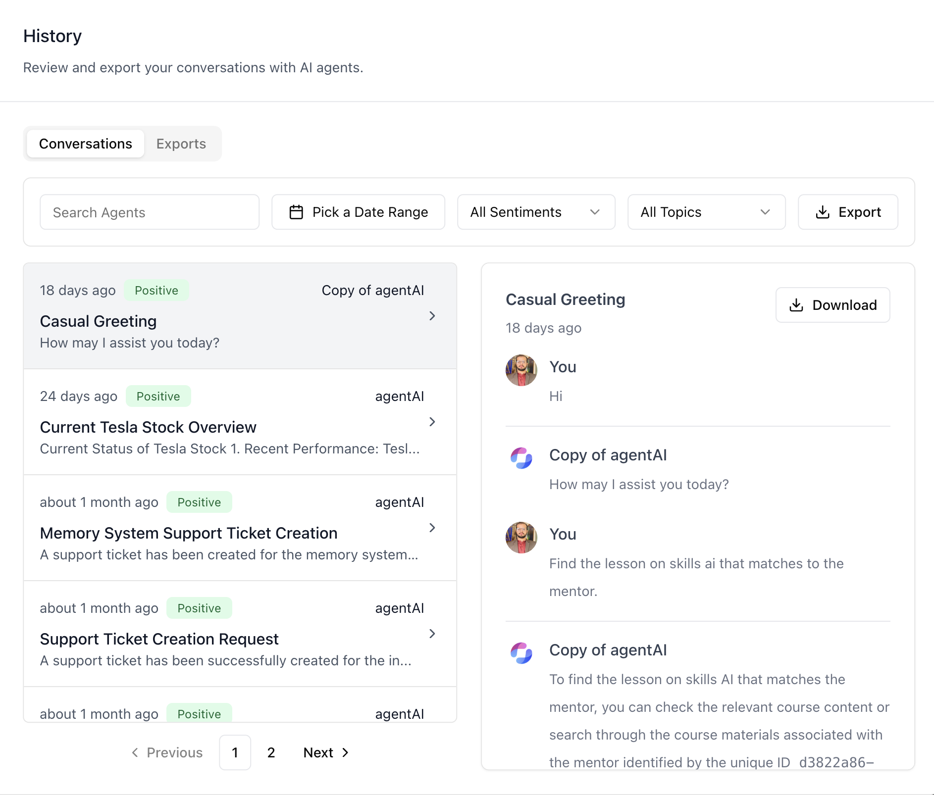 Conversations — transcript preview with per-conversation Download