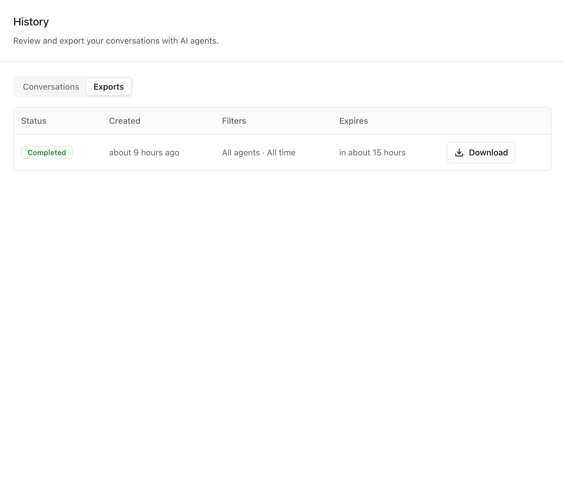 History — Exports tab