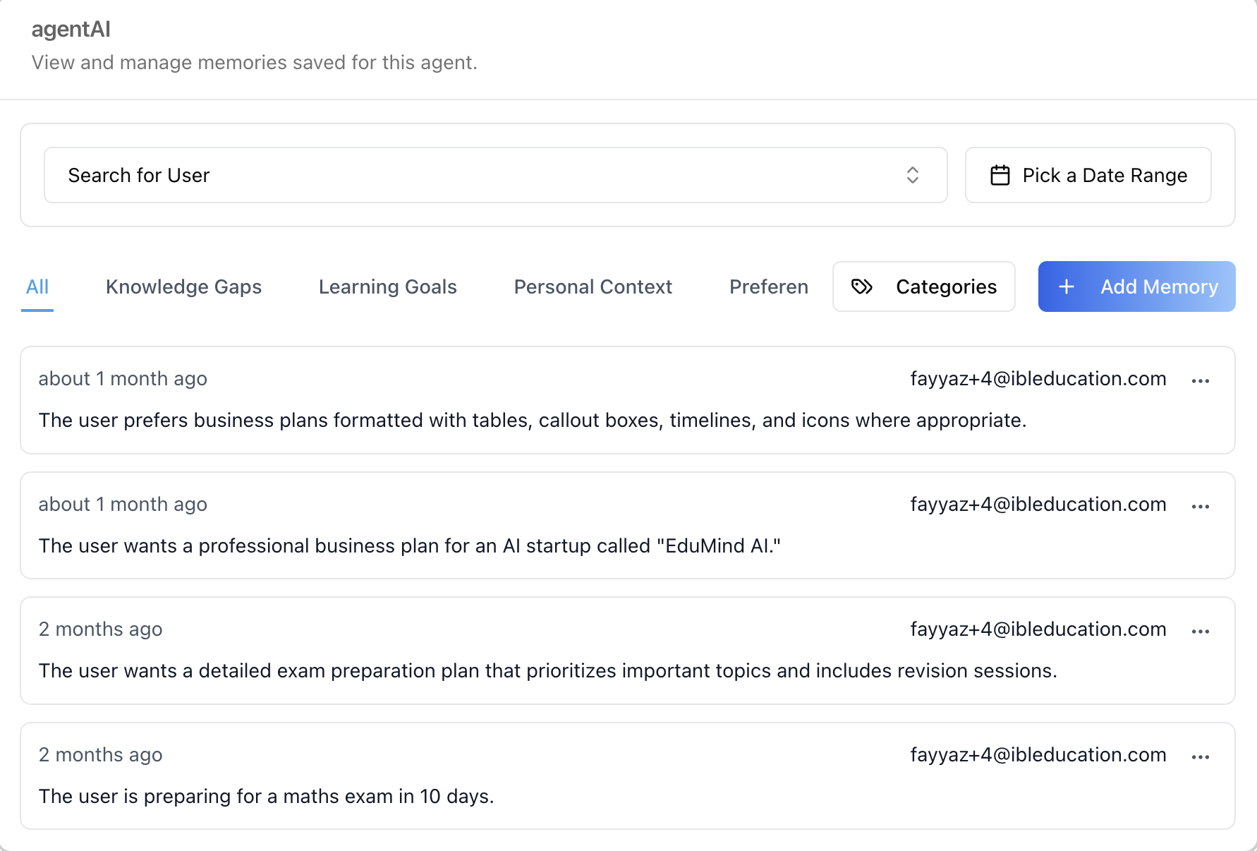 Agent Memories popup — full memory manager for one agent