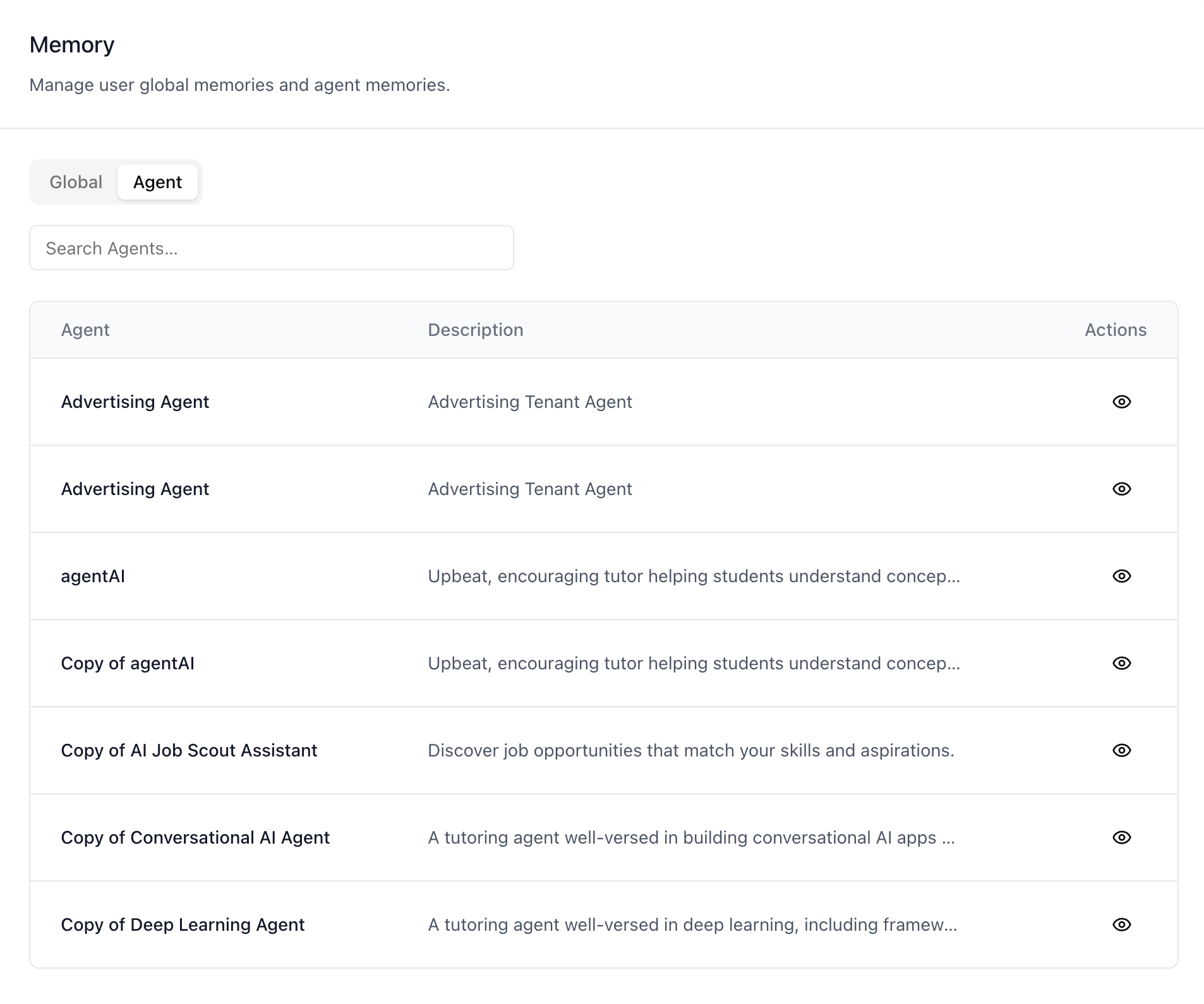 Memory — Agent tab (agents table)