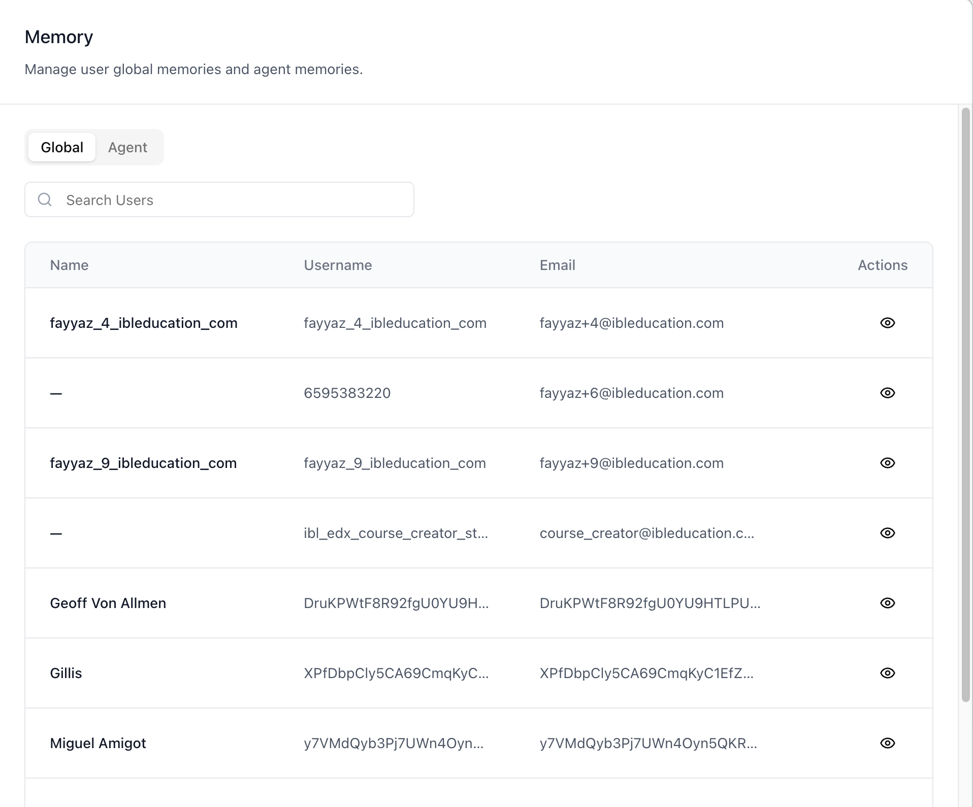 Memory — Global tab (tenant users)