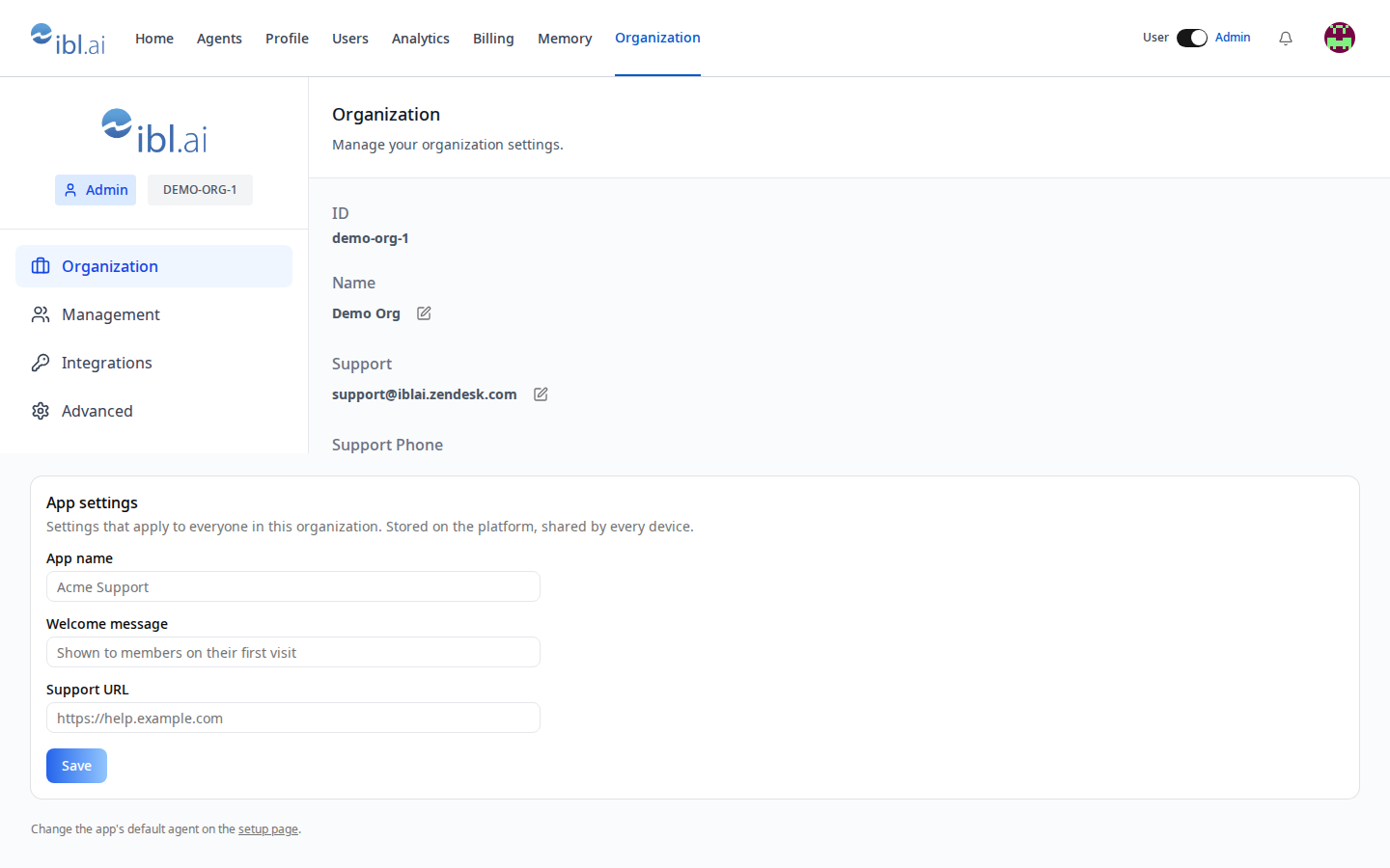 App settings form on /admin/organization