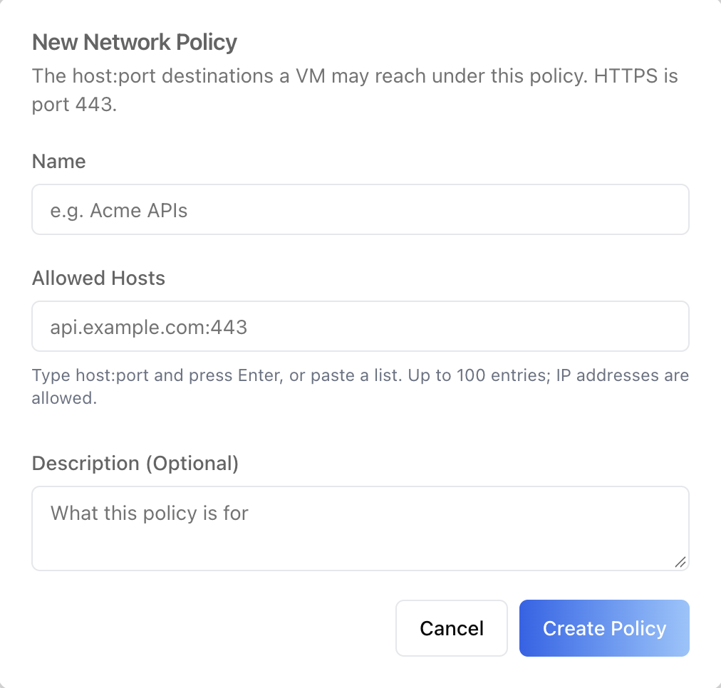 New Network Policy dialog
