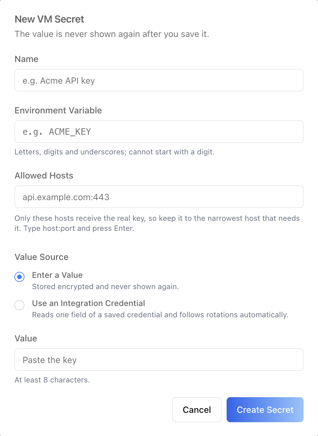 New VM Secret dialog — Value Source picks a stored value or an integration credential