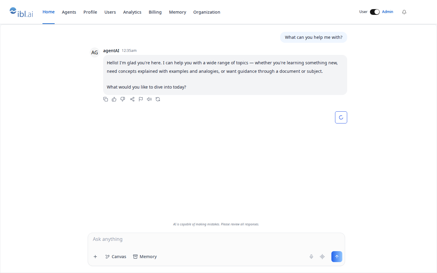 Admin mode — the admin cluster in the navbar