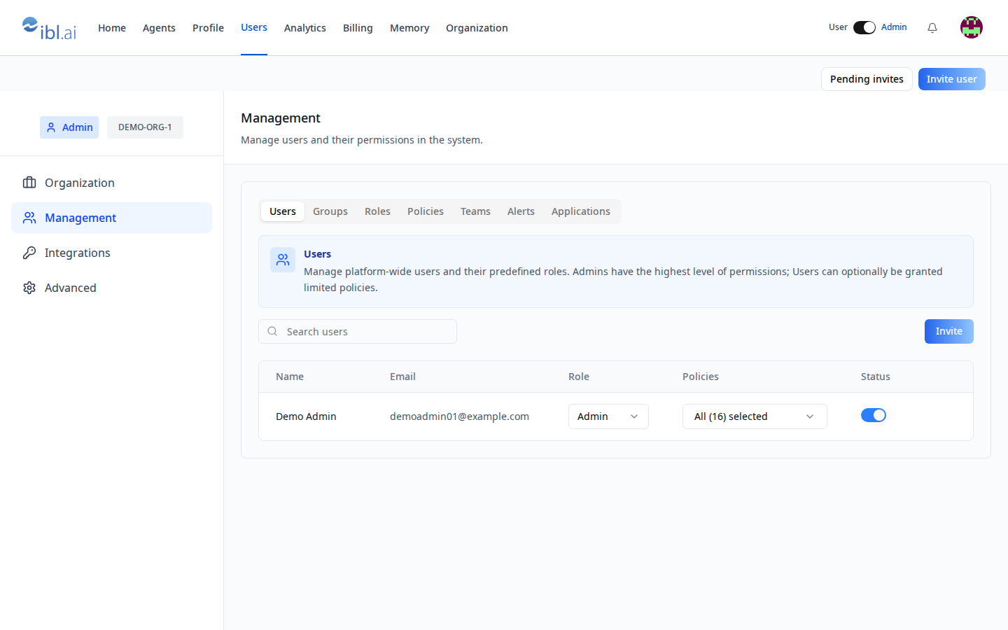 /admin/users — Management + invitations