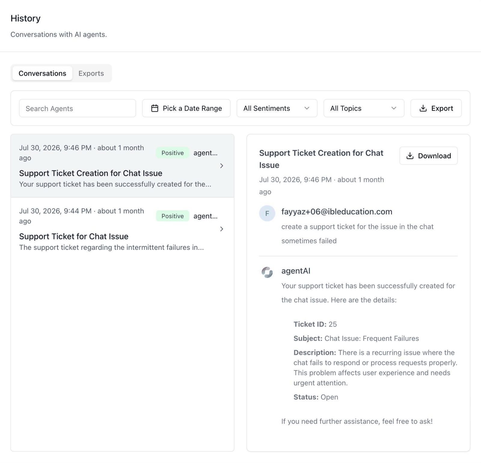 Admin viewing another user's history — email instead of "You", full date + time-ago