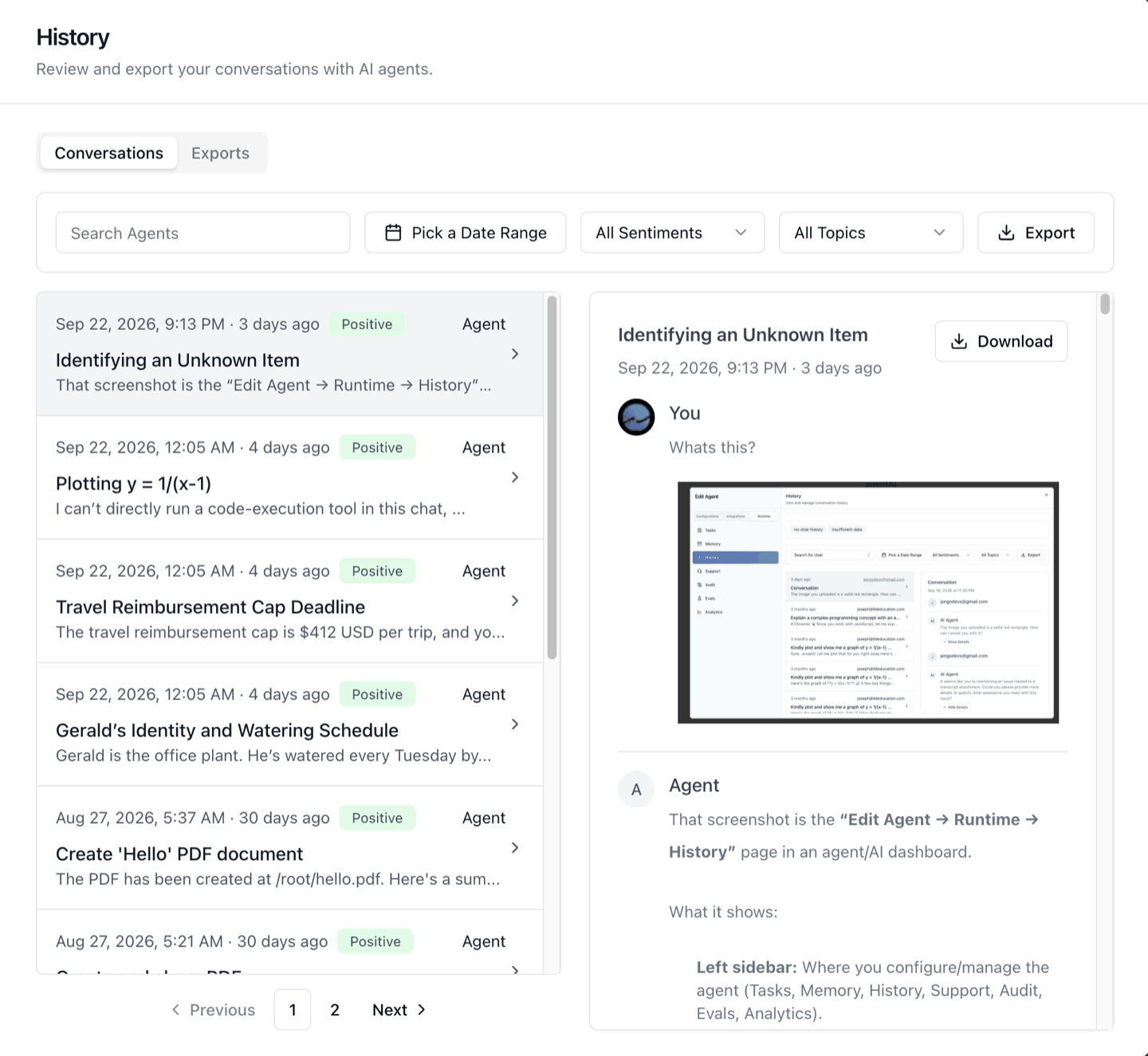 Conversations — transcript preview with attachments and per-conversation Download