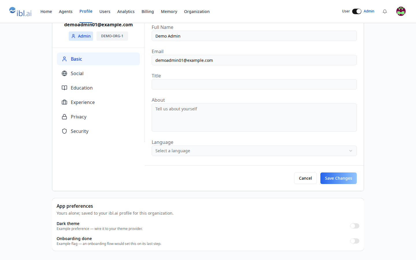 App preferences card on /profile