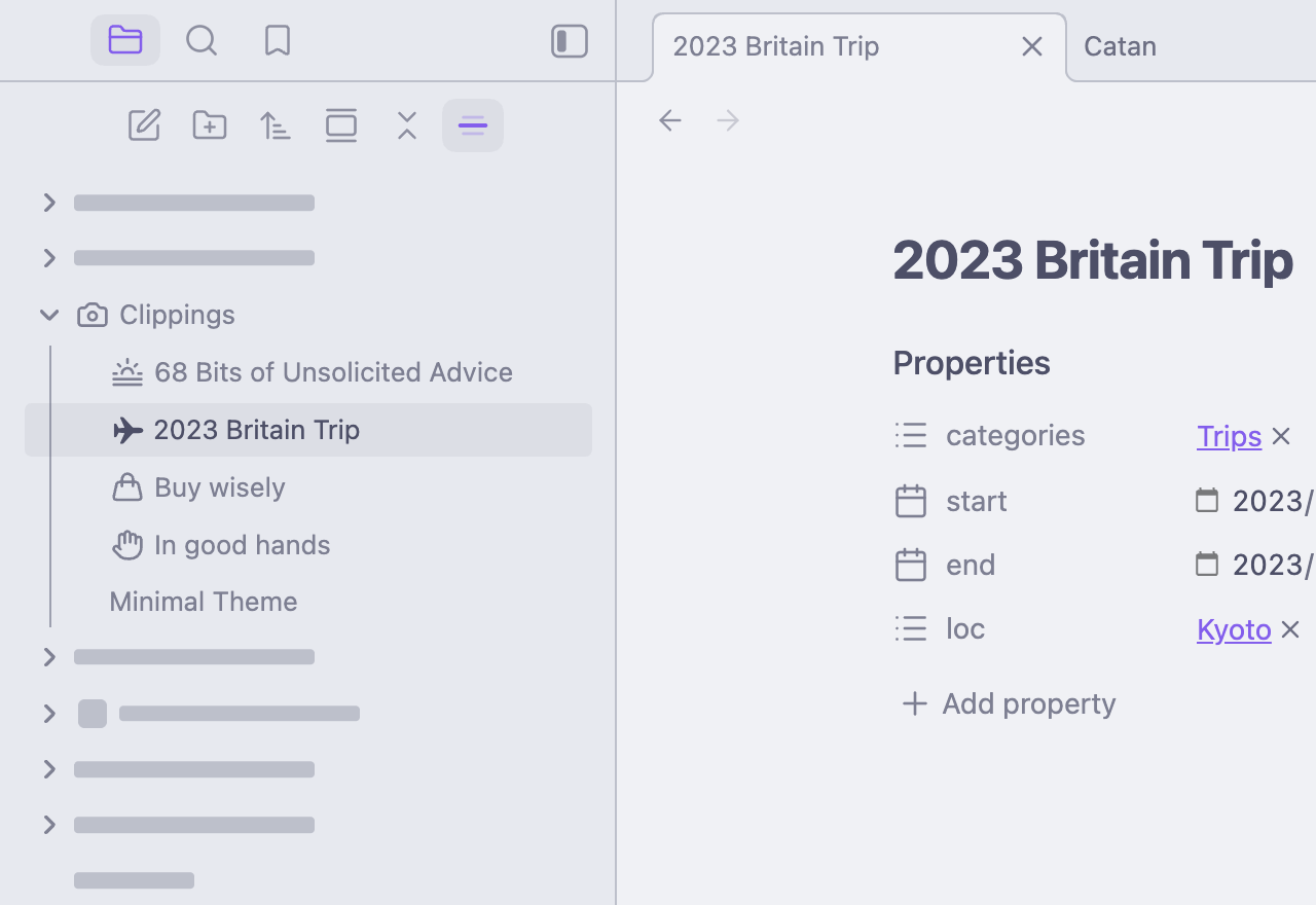 the file explorer with the Clippings folder readable and every other row reduced to skeleton bars