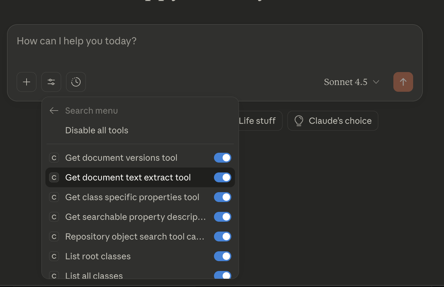 Screenshot showing Claude tools