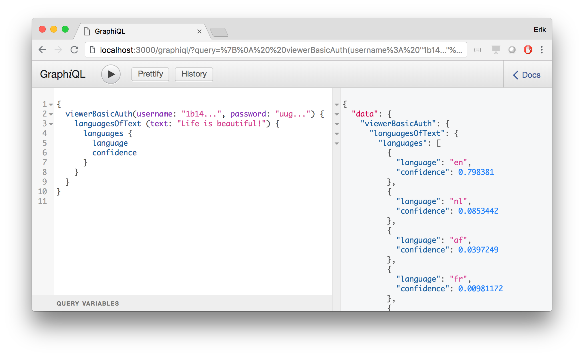 Simple GraphQL query to identify the language of a text