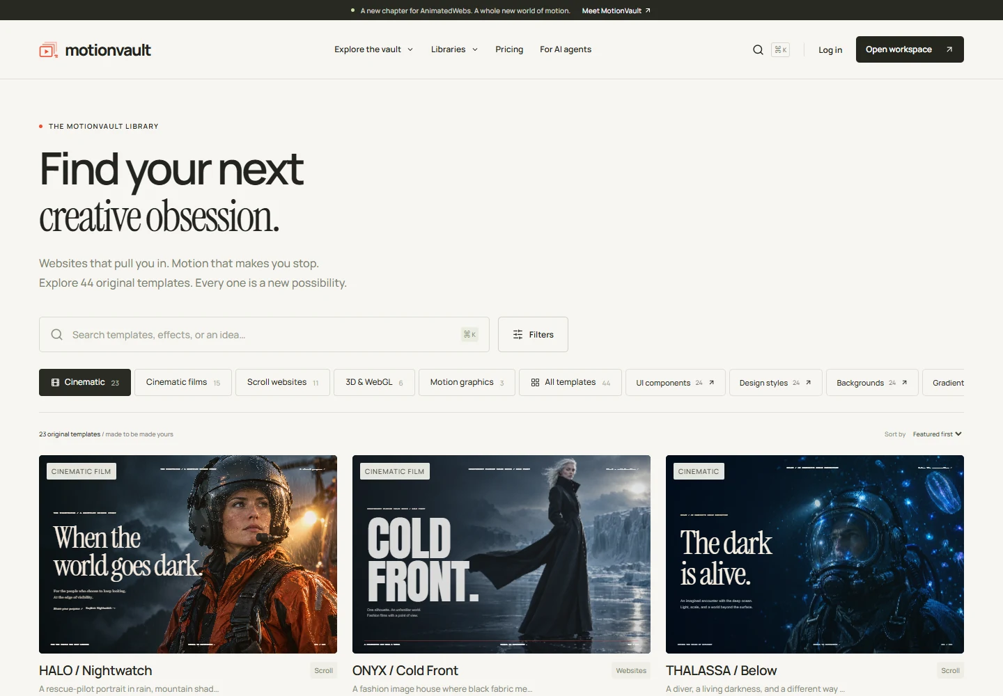 Actual MotionVault library with cinematic template previews