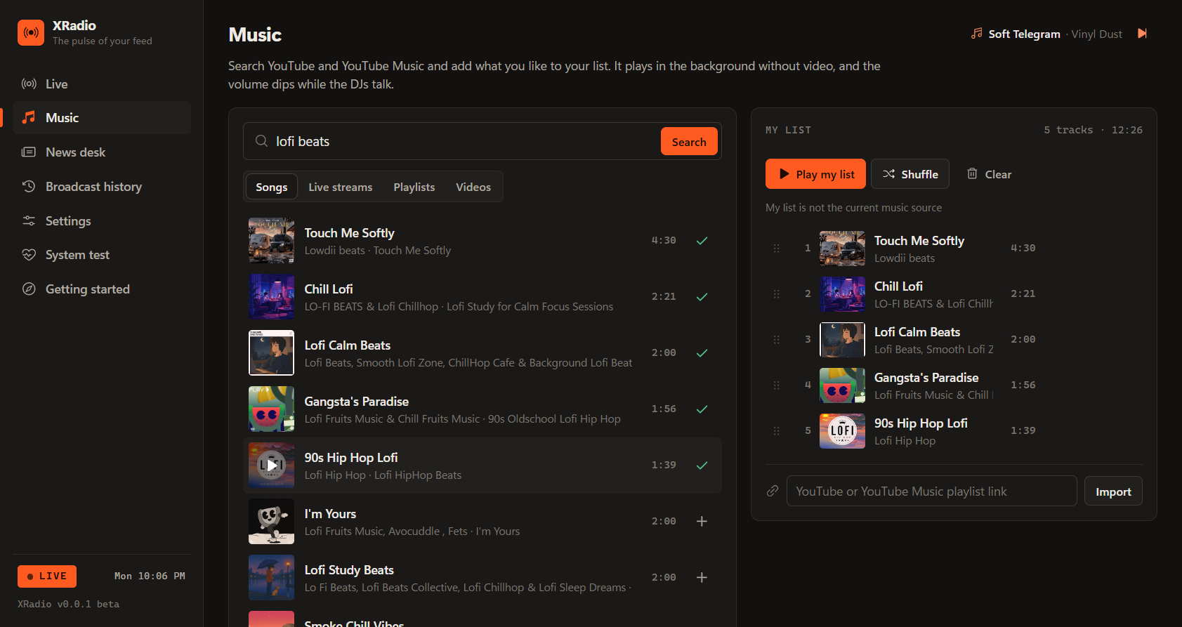 Music tab: search YouTube Music and build your own list