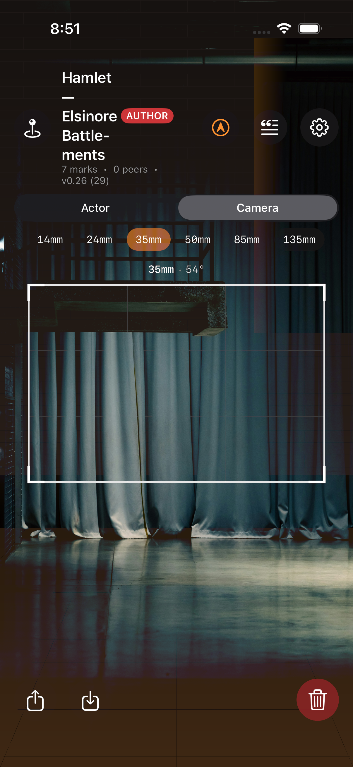 Camera viewfinder overlay — 35mm framing rectangle with rule-of-thirds grid over live AR feed