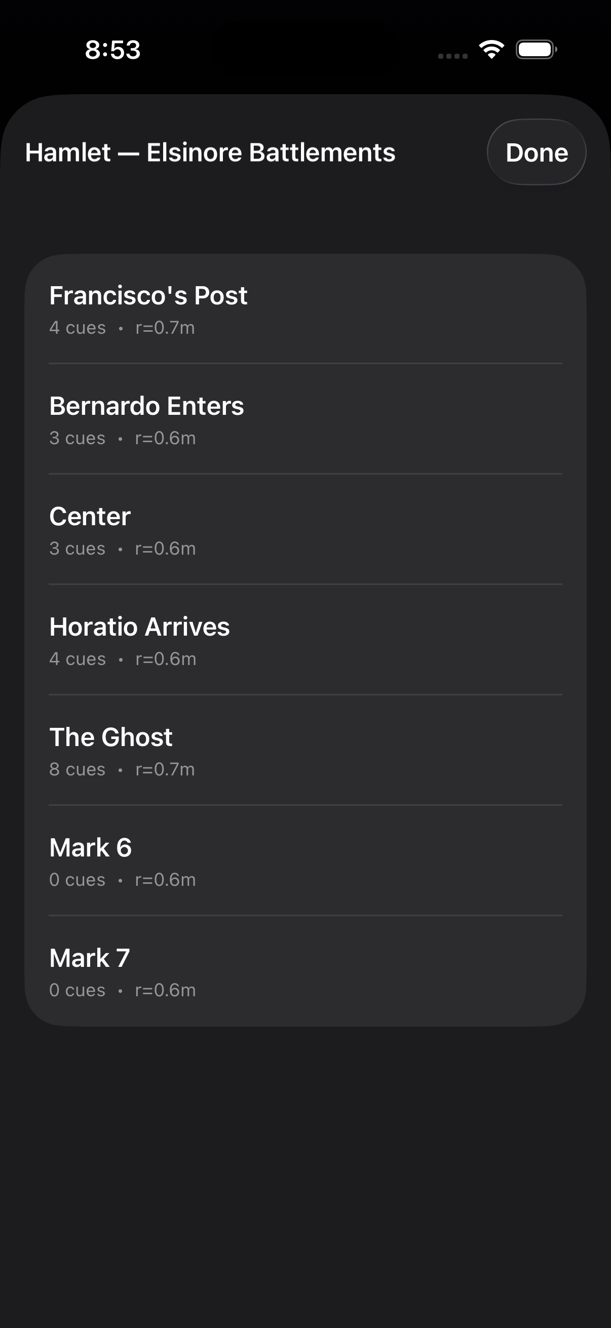 Mark editor — name, radius, lines, sound, light, beat sections