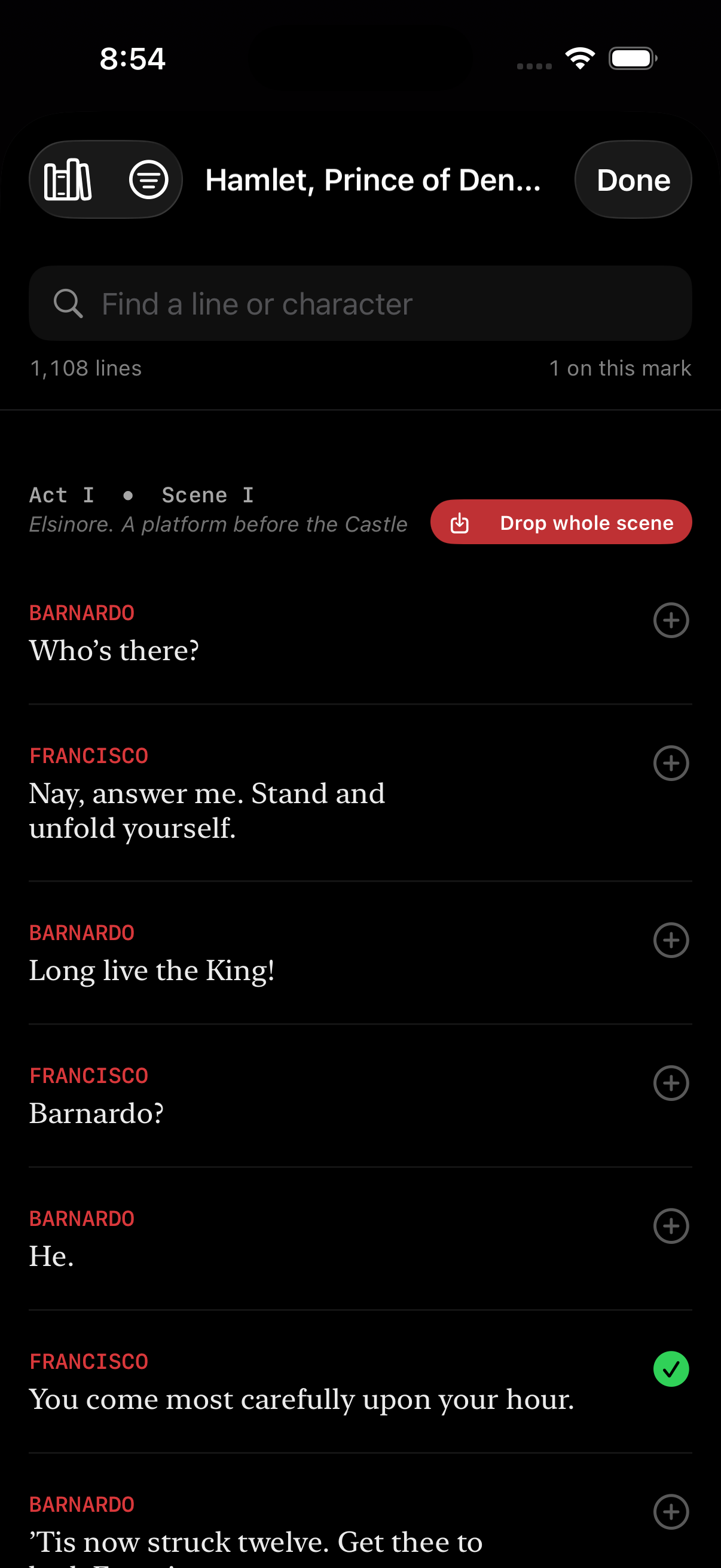 Script Browser — play and scene pickers, line list with attach/detach