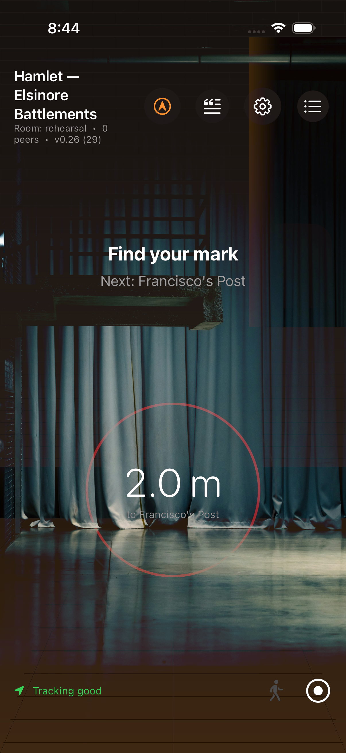 Perform mode — guidance ring and cue card in an AR rehearsal space