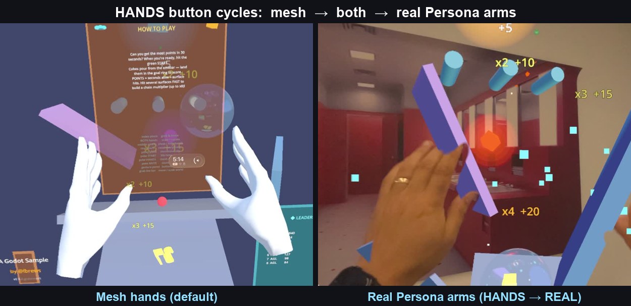 Side by side: the virtual white mesh hands versus the player's real Persona arms