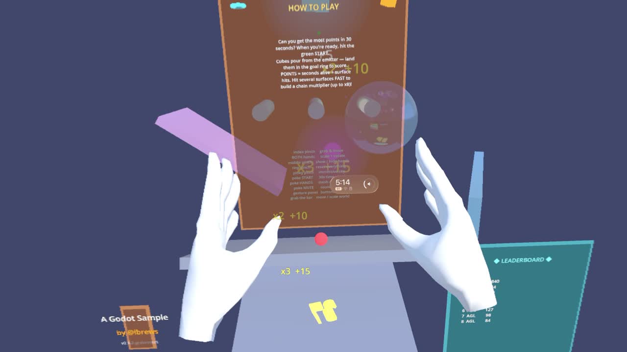 The in-app HOW TO PLAY board, with the gesture legend and live leaderboard, floating over a real room