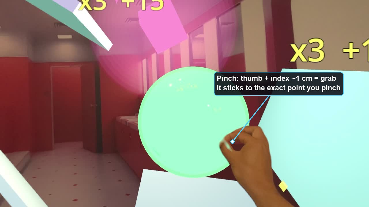 Pinch close-up: the thumb and index tips meet on a glowing object, which sticks to the exact point pinched