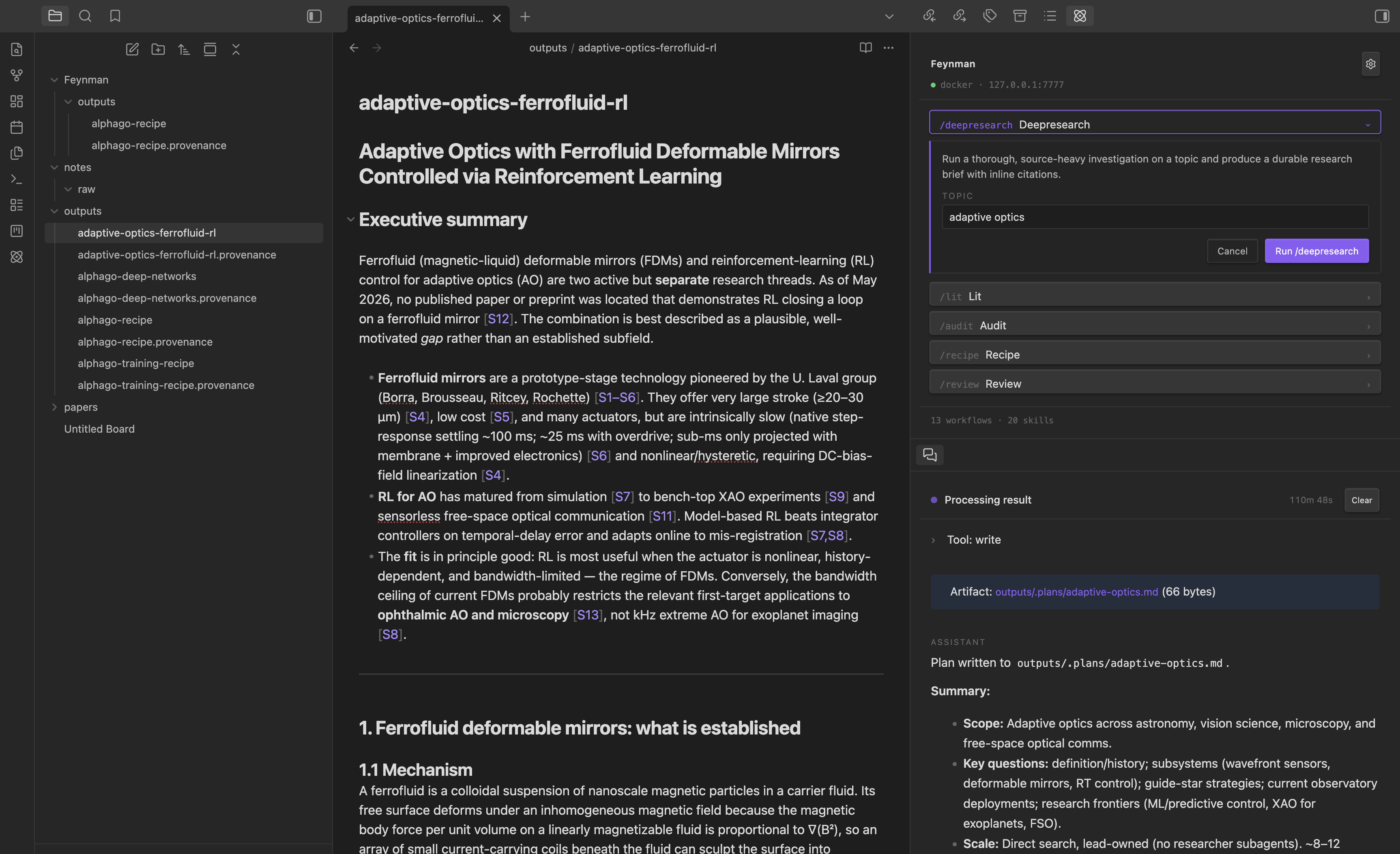 Feynman chat panel in Obsidian — running /deepresearch on a vault note
