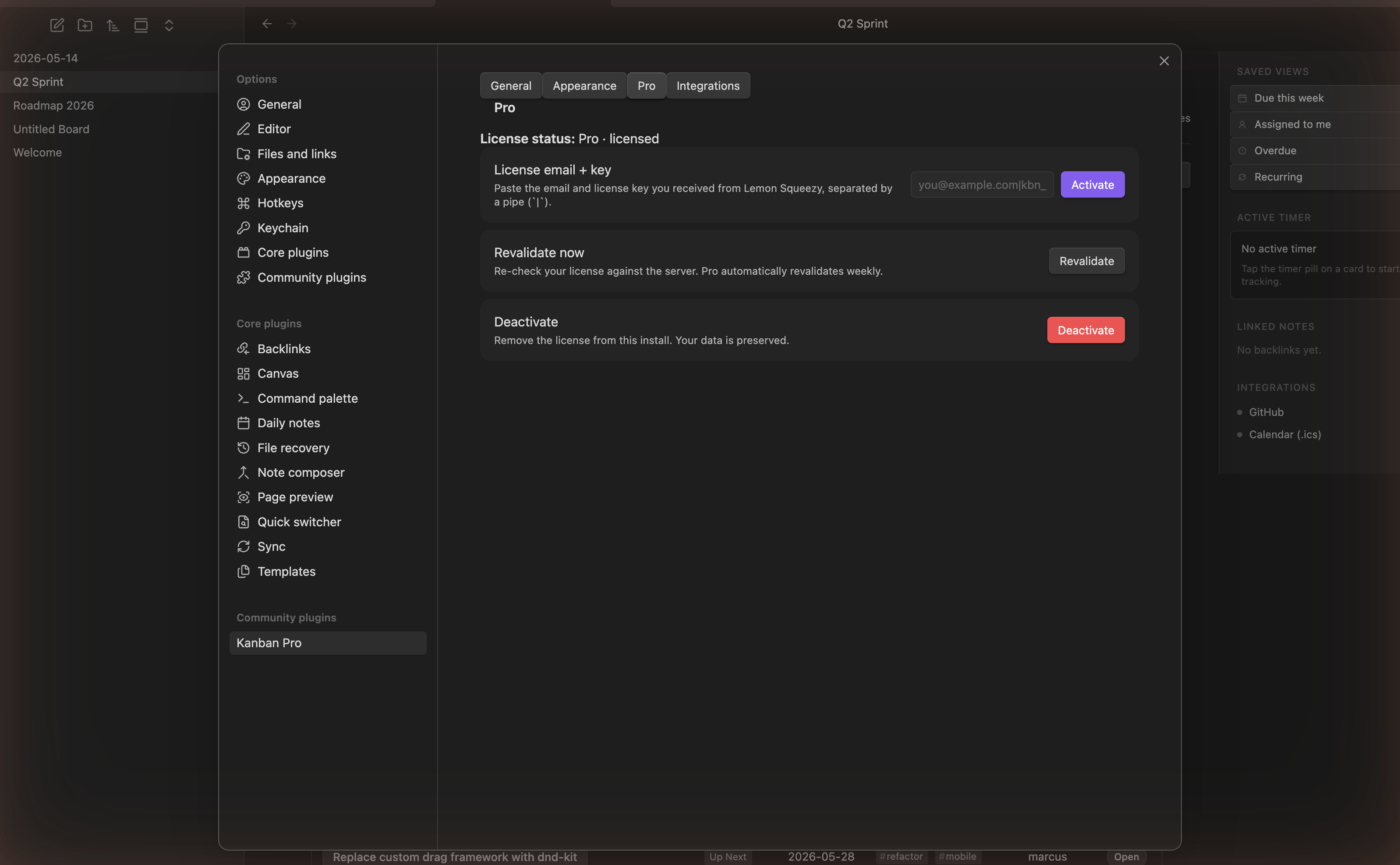 Pro license settings